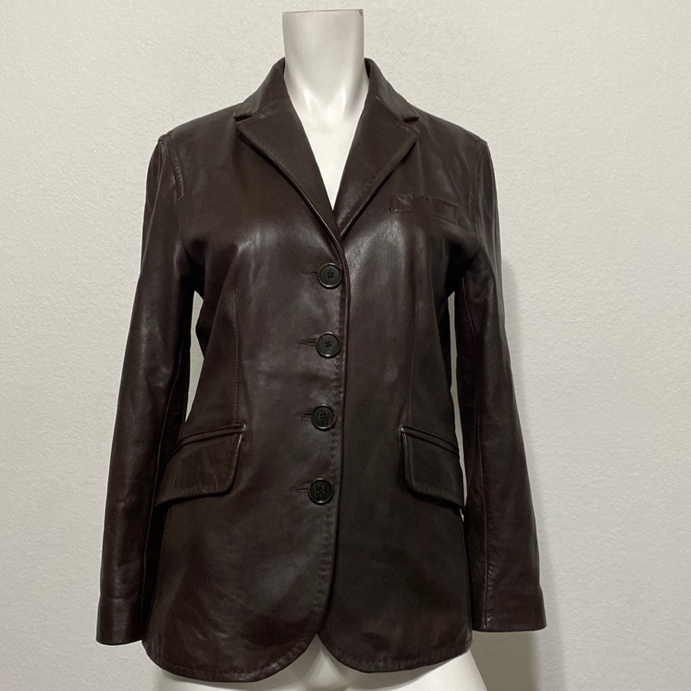 Ann Taylor Super Soft Genuine Leather Button Front Brown Collared Jacket Size 6